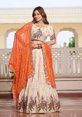 Orange Embroidery Silk Lehenga Set