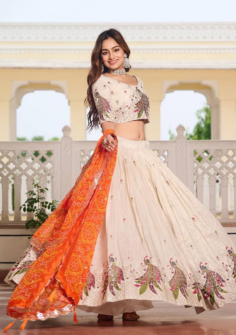 Orange Embroidery Silk Lehenga Set - Indya