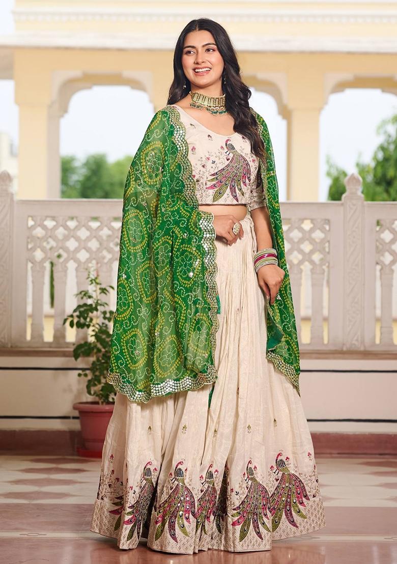 Green Embroidery Silk Lehenga Set - Indya