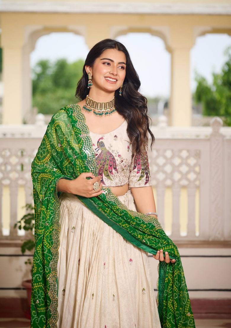 Green Embroidery Silk Lehenga Set - Indya