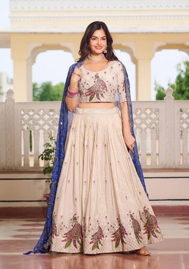 Blue Embroidery Silk Lehenga Set - Indya