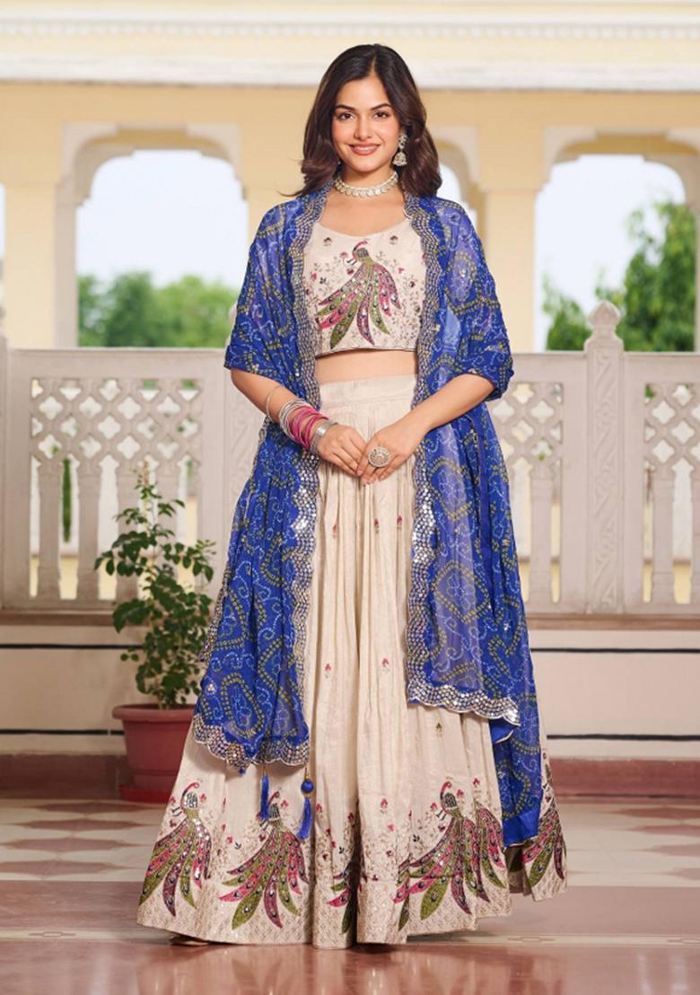 Blue Embroidery Silk Lehenga Set - Indya