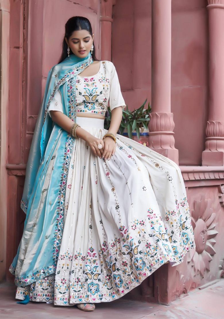 Sky Blue Embroidery Silk Lehenga Set - Indya