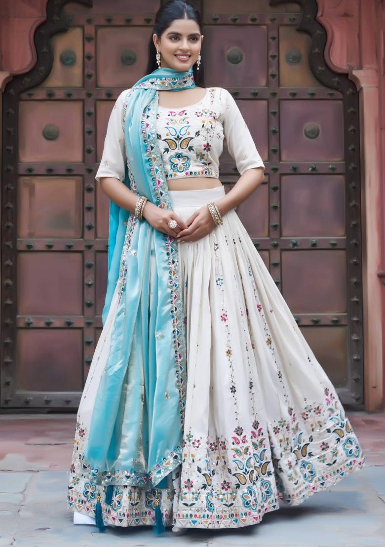 Sky Blue Embroidery Silk Lehenga Set - Indya
