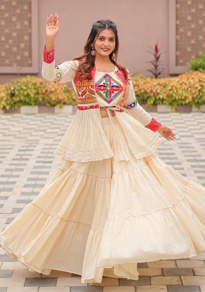 White Embroidery Cotton Lehenga Set - Indya