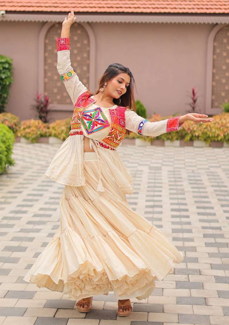 White Embroidery Cotton Chaniya Choli Set For Navratri And Garba for Diwali | Wedding & Festive Wear - Indya