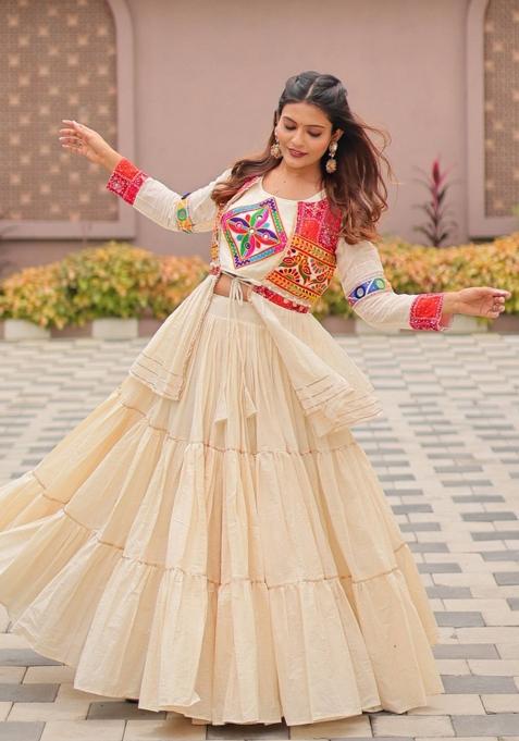 White Embroidery Cotton Lehenga Set — view on Indya