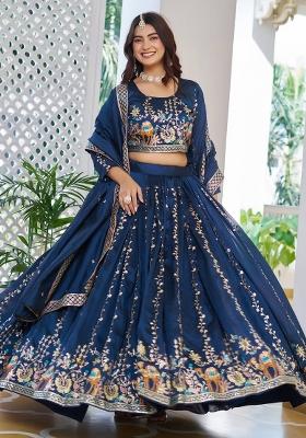 Blue Embroidery Vichitra Lehenga Set