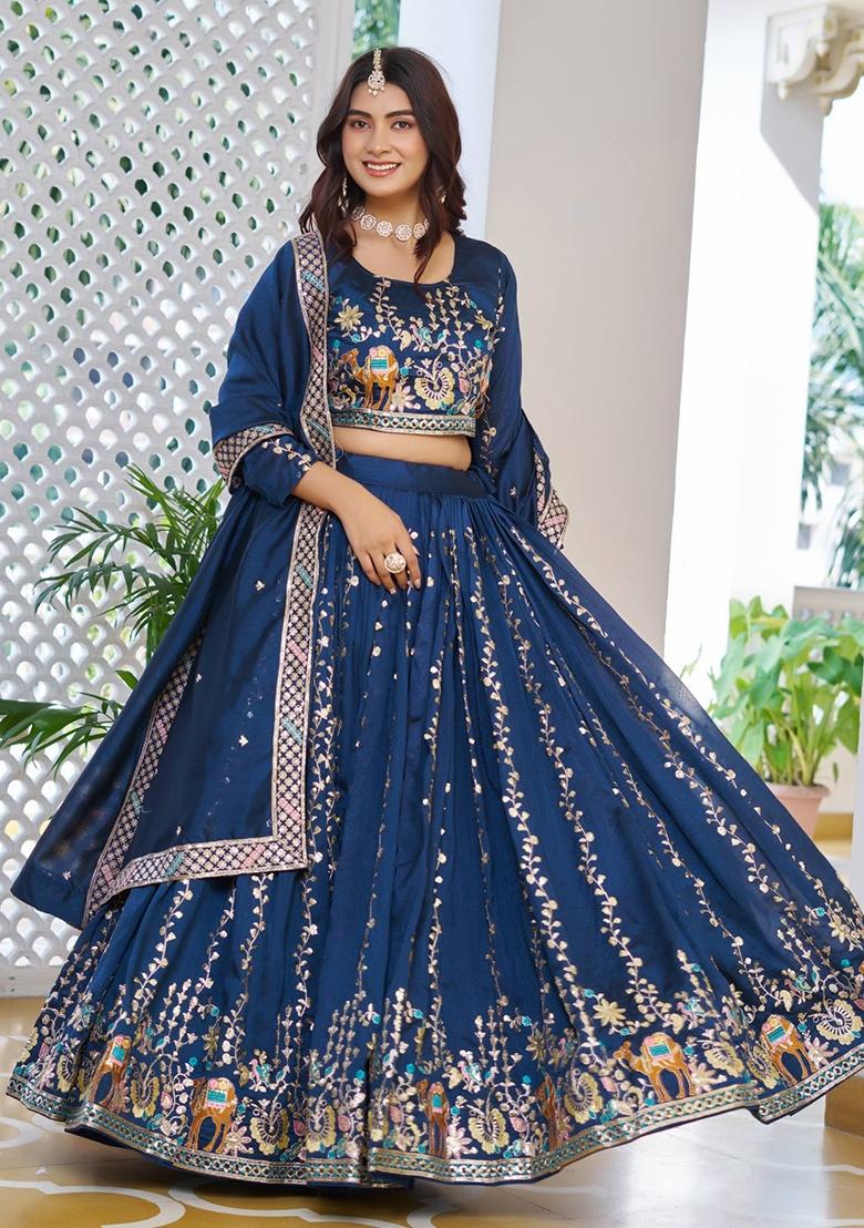 Blue Embroidery Vichitra Lehenga Set - Indya