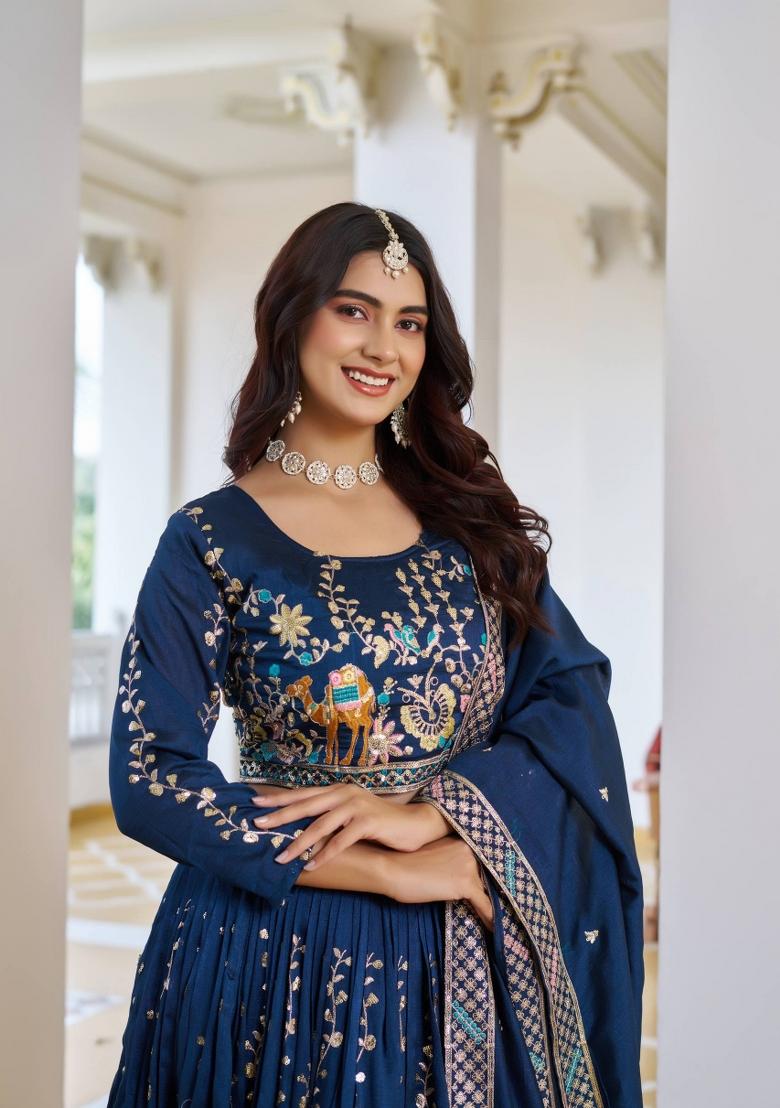 Blue Embroidery Vichitra Lehenga Set - Indya