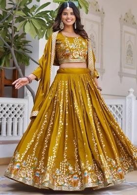 Yellow Embroidery Vichitra Lehenga Set