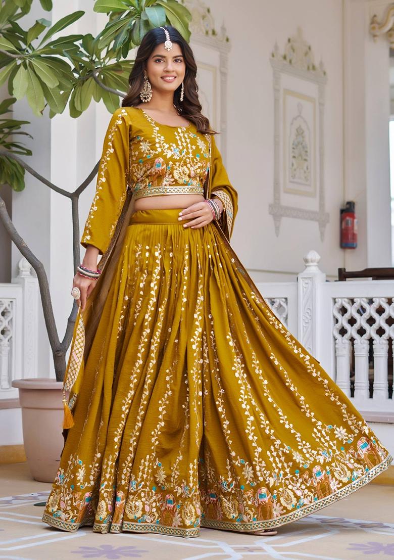 Yellow Embroidery Vichitra Lehenga Set - Indya
