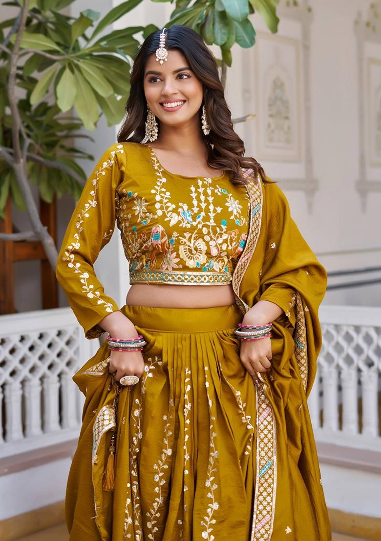 Yellow Embroidery Vichitra Lehenga Set - Indya