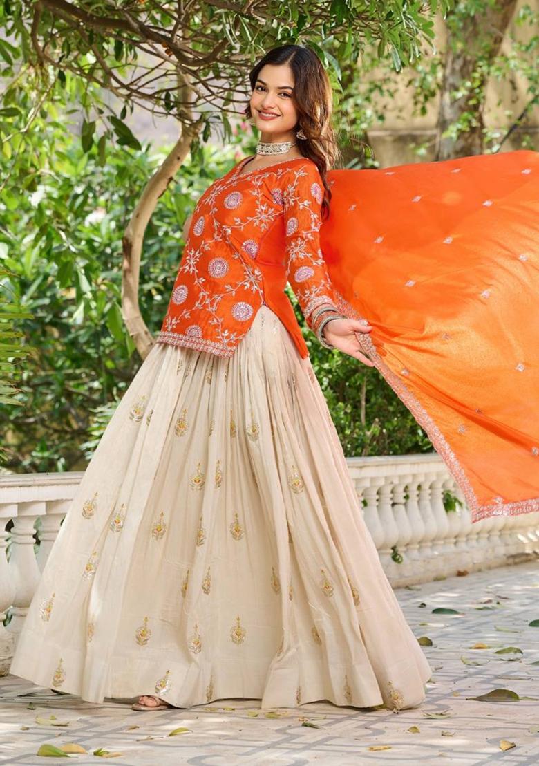 Orange Embroidery Chinon Lehenga Set - Indya