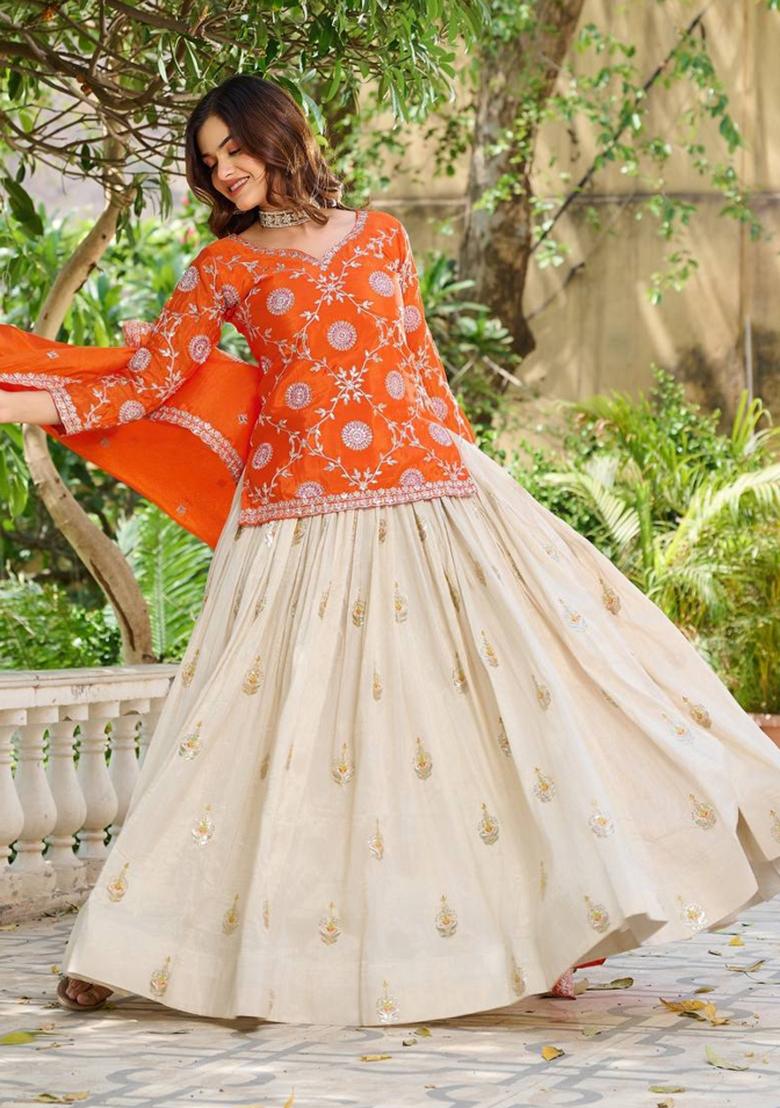 Orange Embroidery Chinon Lehenga Set - Indya