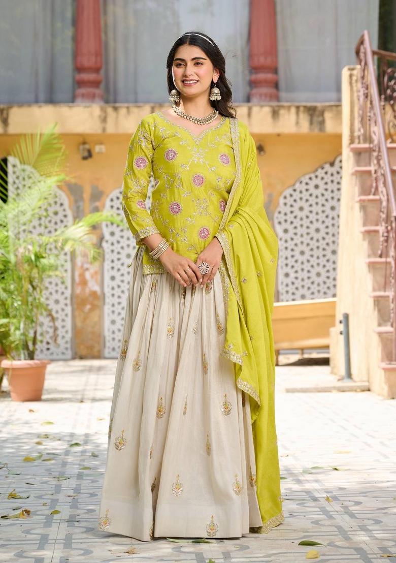 Mehendi Embroidery Chinon Lehenga Set - Indya