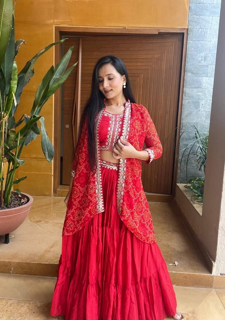 Red Embroidery Chinon Lehenga Set - Indya
