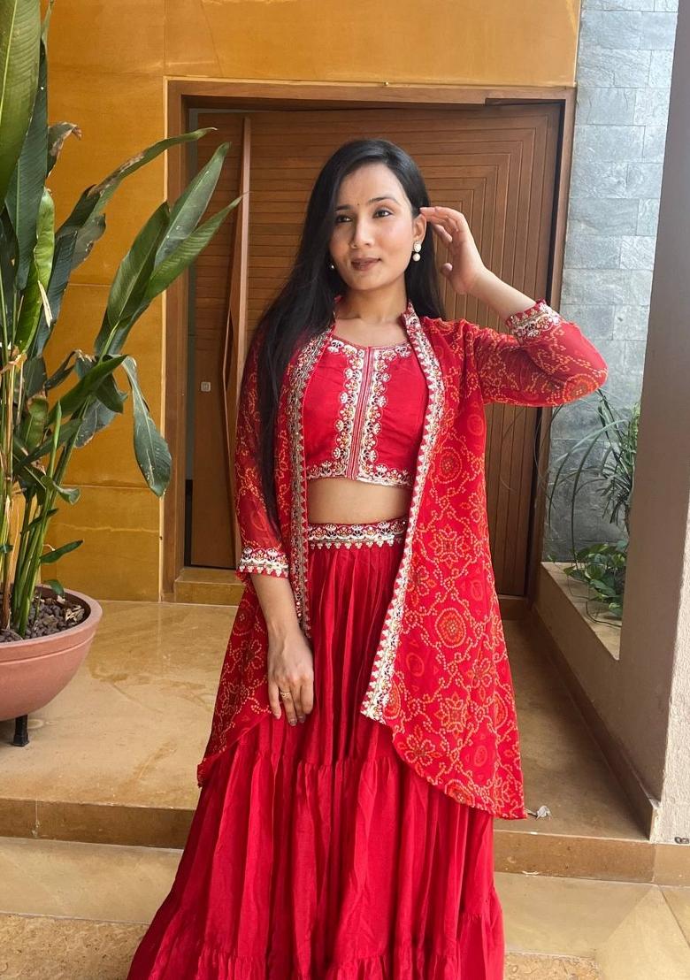 Red Embroidery Chinon Lehenga Set - Indya