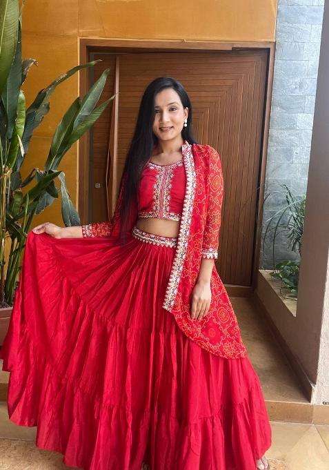Red Embroidery Chinon Lehenga Set — view on Indya