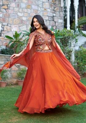 Orange Embroidery Silk Lehenga Set