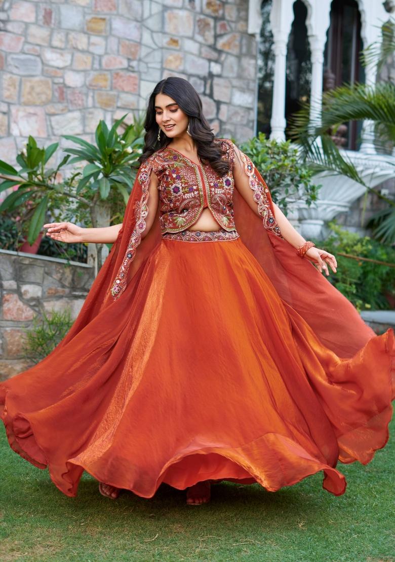 Orange Embroidery Silk Lehenga Set - Indya