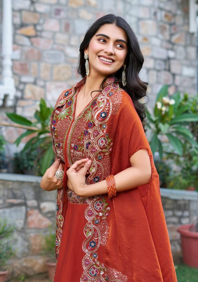 Orange Embroidery Silk Lehenga Set - Indya