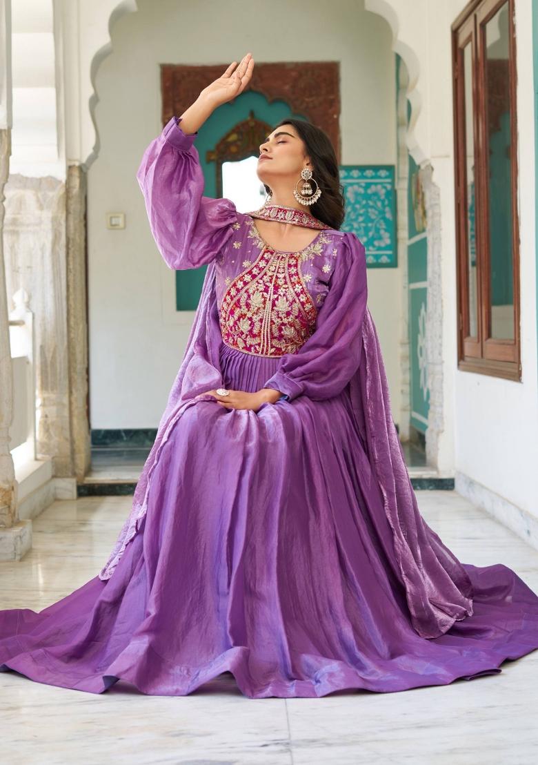 Purple Embroidery Silk Lehenga Set - Indya