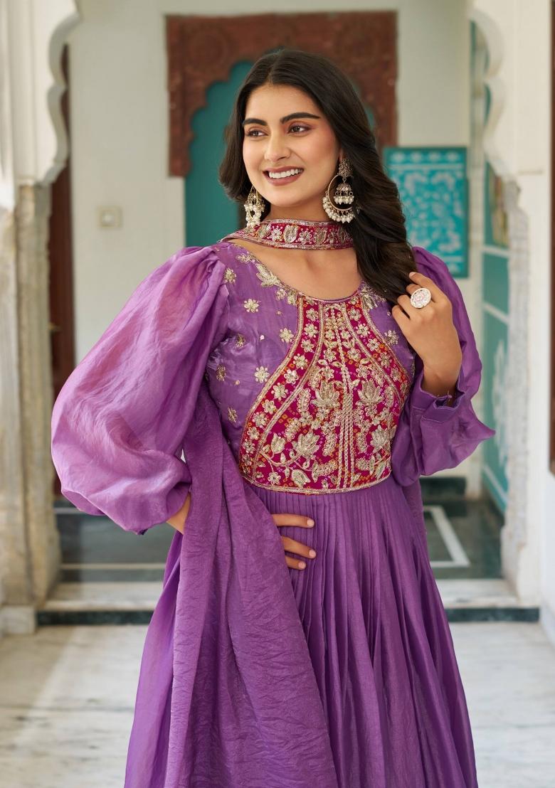 Purple Embroidery Silk Lehenga Set - Indya