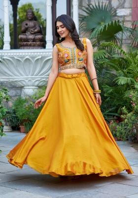 Yellow Embroidery Vichitra Lehenga Set