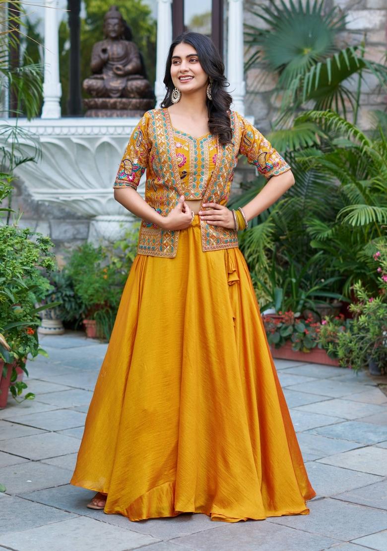 Yellow Embroidery Vichitra Lehenga Set - Indya