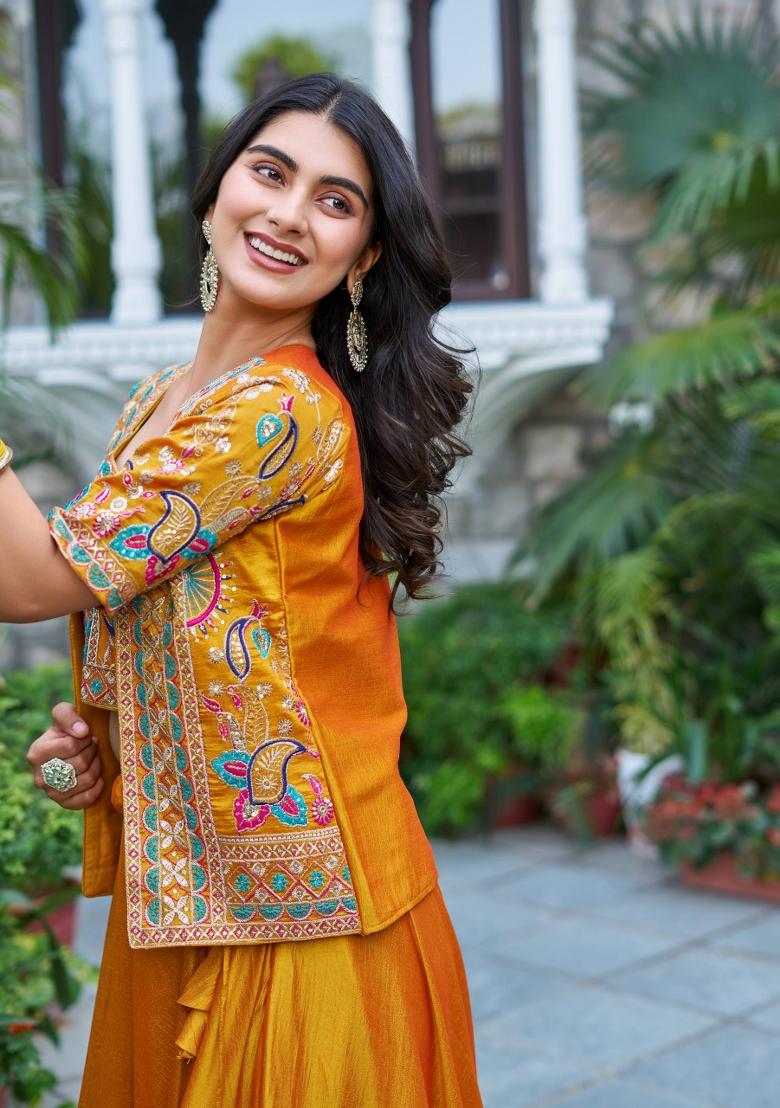 Yellow Embroidery Vichitra Lehenga Set - Indya