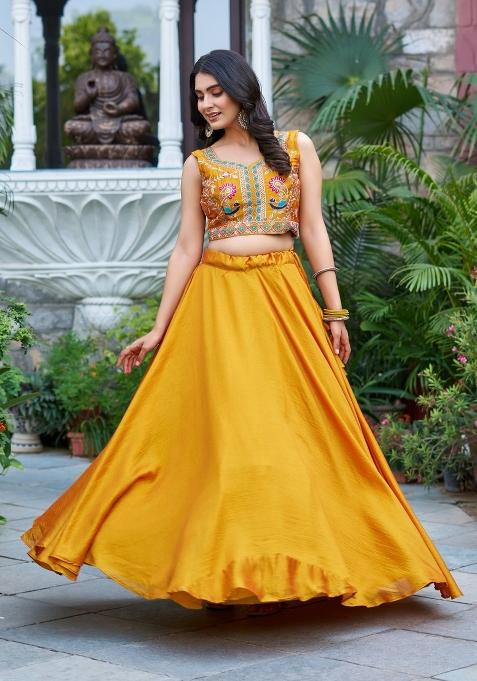 Yellow Embroidery Vichitra Chaniya Choli Set For Navratri And Garba
