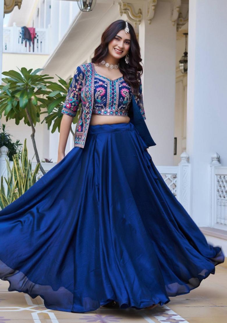 Blue Embroidery Vichitra Lehenga Set - Indya