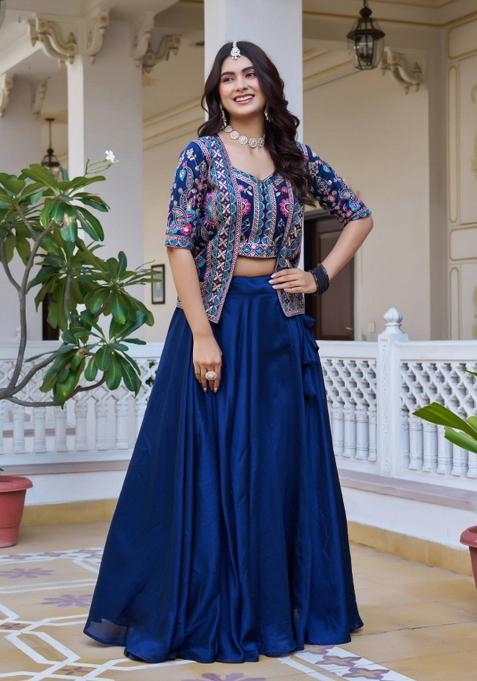 Blue Embroidery Vichitra Lehenga Set