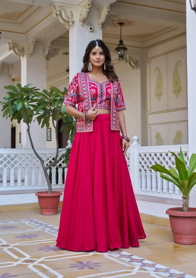 Pink Embroidery Vichitra Lehenga Set - Indya