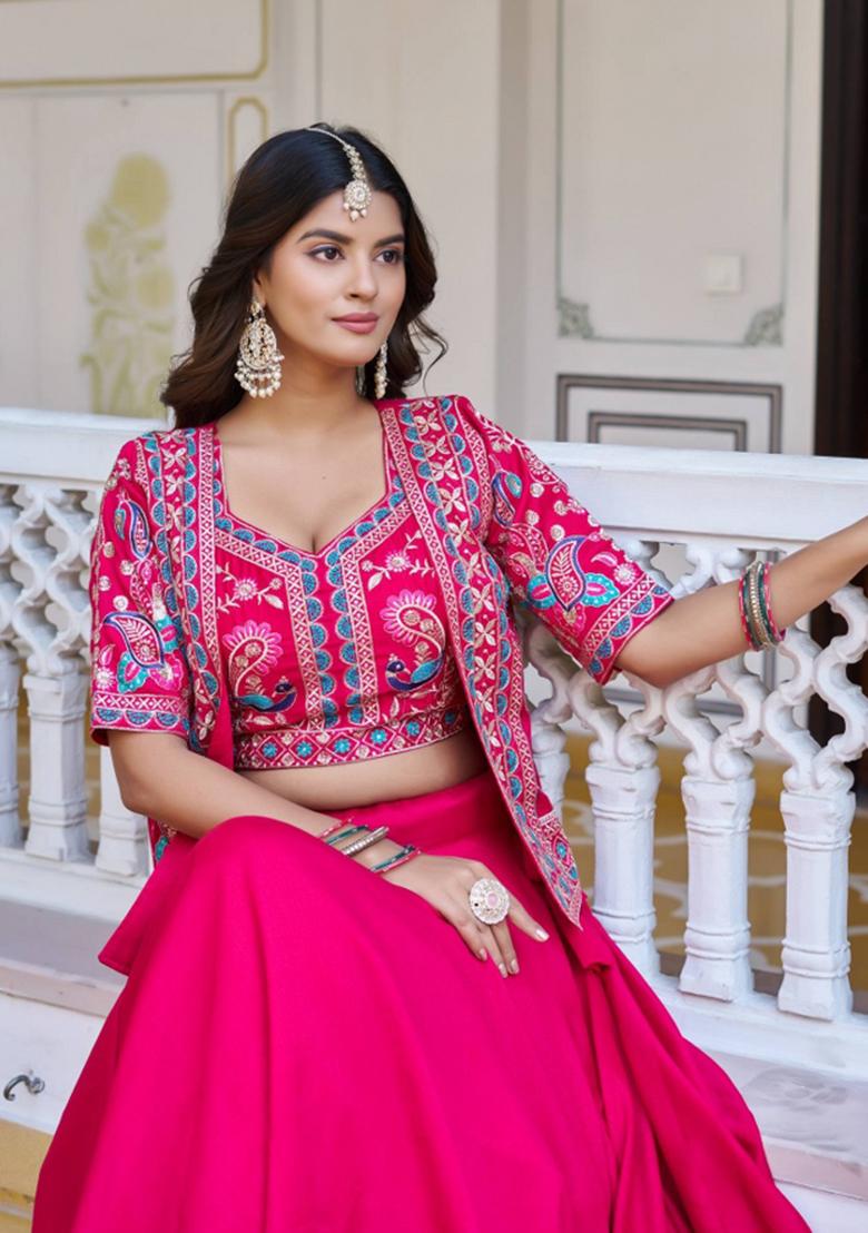 Pink Embroidery Vichitra Lehenga Set - Indya