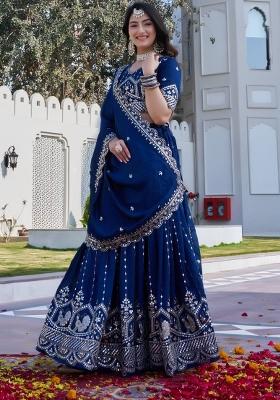 Blue Embroidery Vichitra Lehenga Set