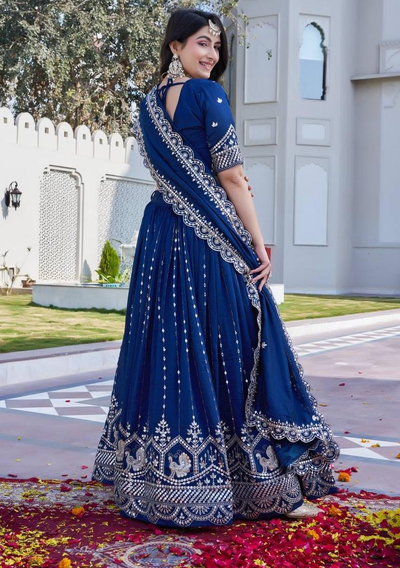 Blue Embroidery Vichitra Lehenga Set - Indya