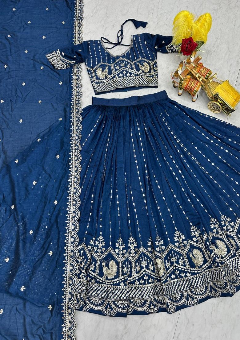 Blue Embroidery Vichitra Lehenga Set - Indya