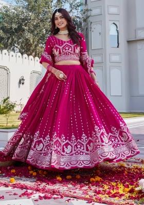Pink Embroidery Vichitra Lehenga Set