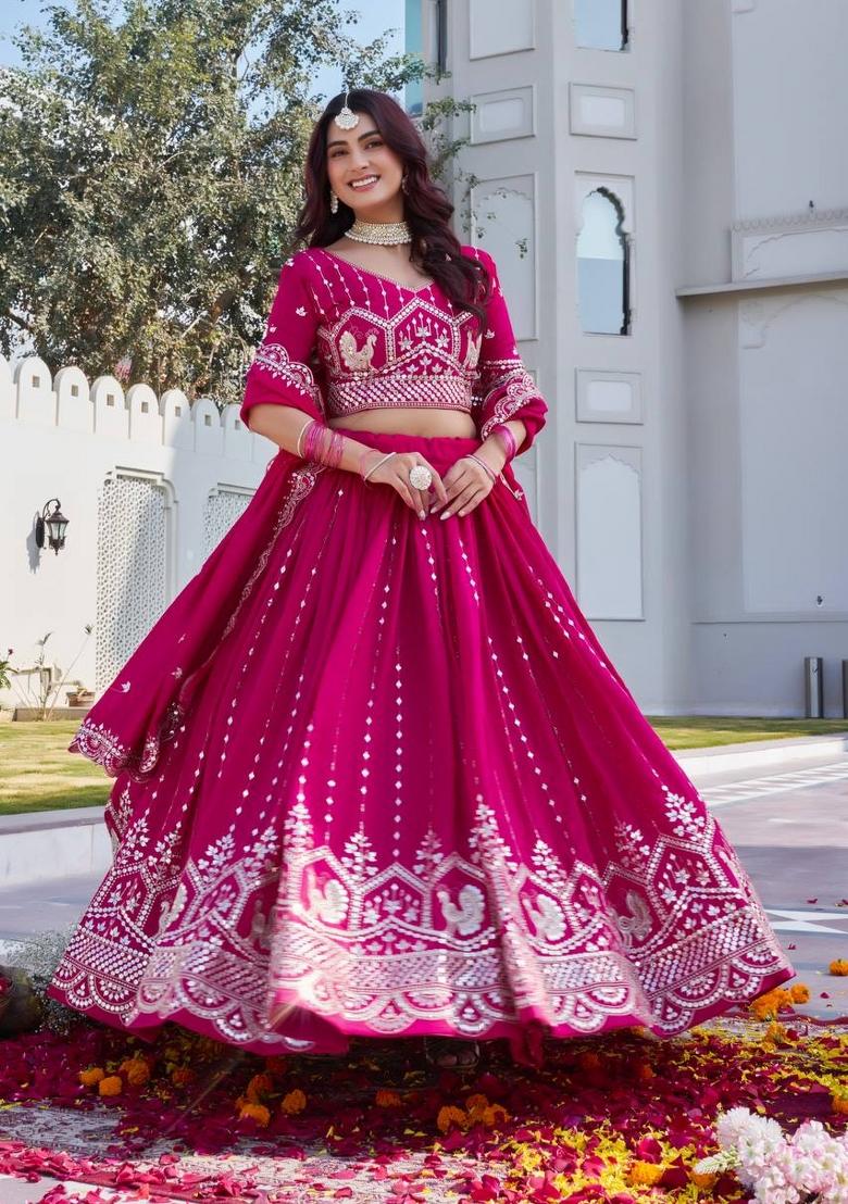 Pink Embroidery Vichitra Lehenga Set - Indya