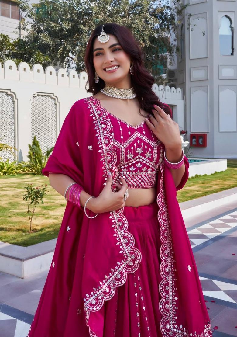 Pink Embroidery Vichitra Lehenga Set - Indya