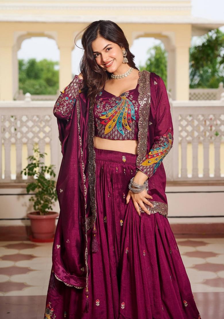 Purple Embroidery Vichitra Lehenga Set - Indya