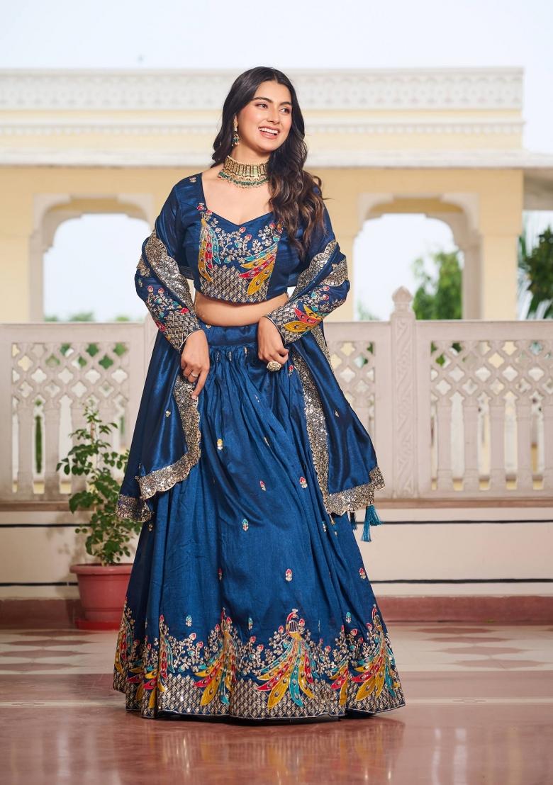 Blue Embroidery Vichitra Lehenga Set - Indya