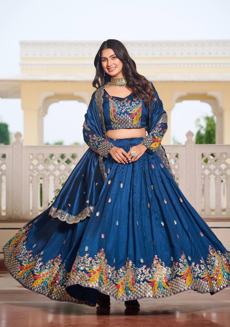 Blue Embroidery Vichitra Lehenga Set - Indya