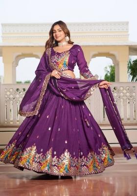 Lavender Embroidery Vichitra Lehenga Set