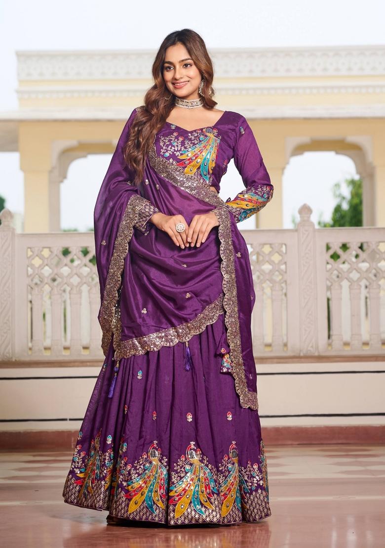 Lavender Embroidery Vichitra Lehenga Set - Indya