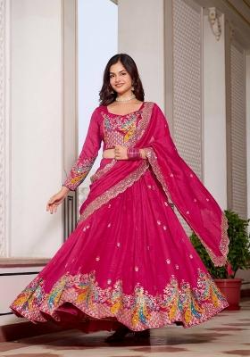 Pink Embroidery Vichitra Lehenga Set