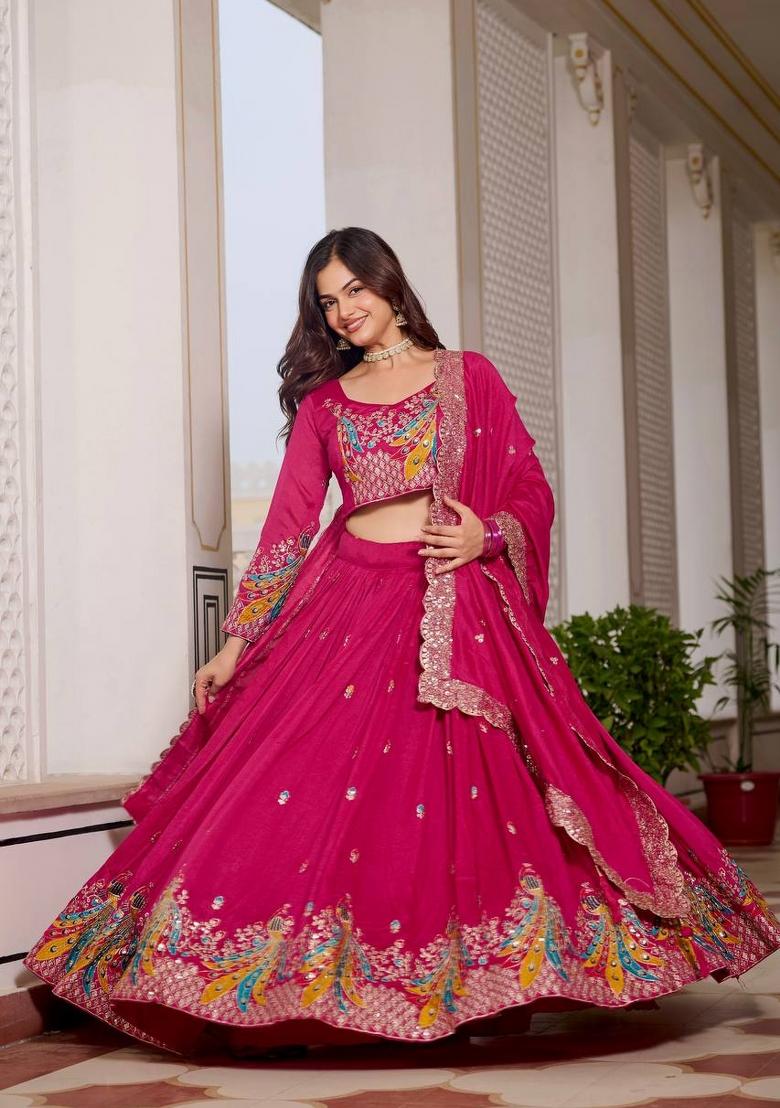 Pink Embroidery Vichitra Lehenga Set - Indya