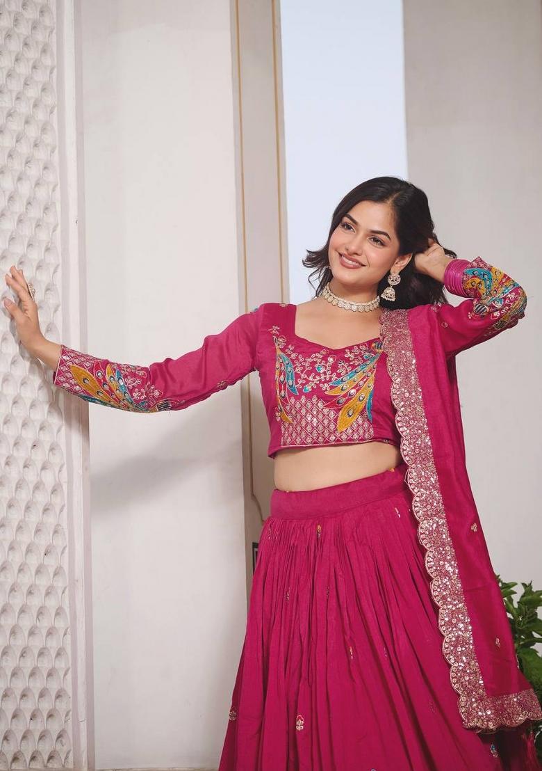Pink Embroidery Vichitra Lehenga Set - Indya